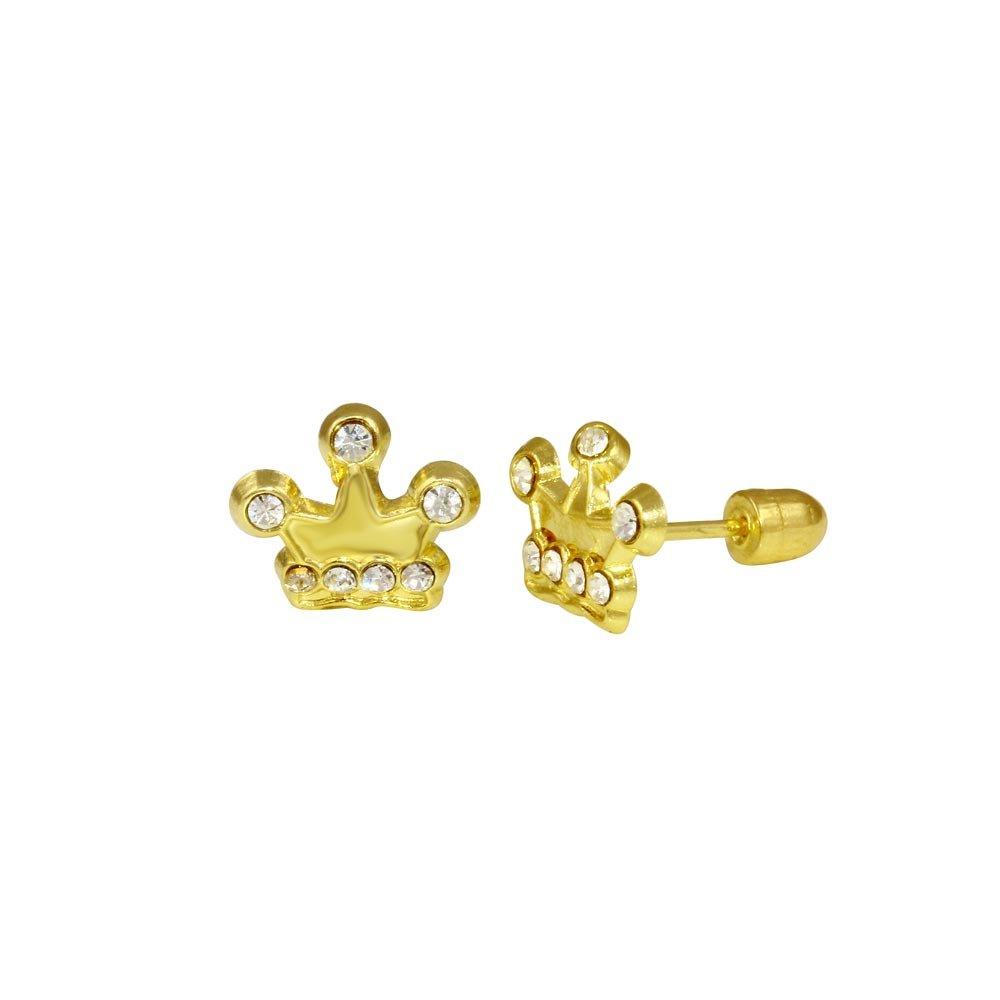 14 Karat Yellow Gold Crown CZ Screw Back Stud Earring