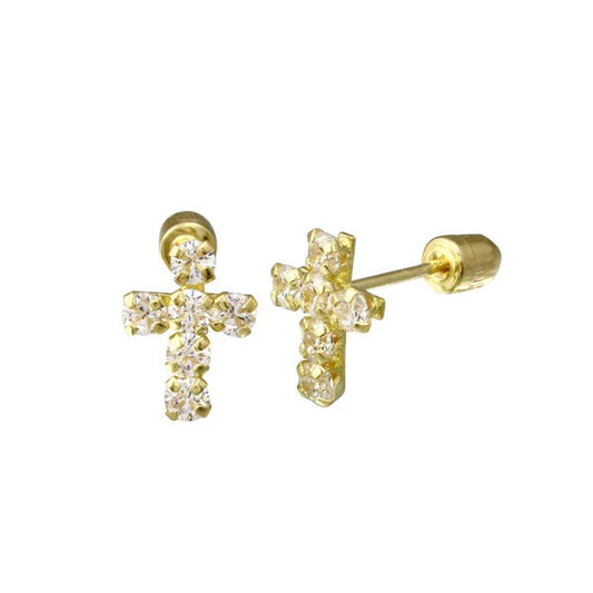14 Karat Yellow Gold Cross Clear CZ Screw Back Stud Earring