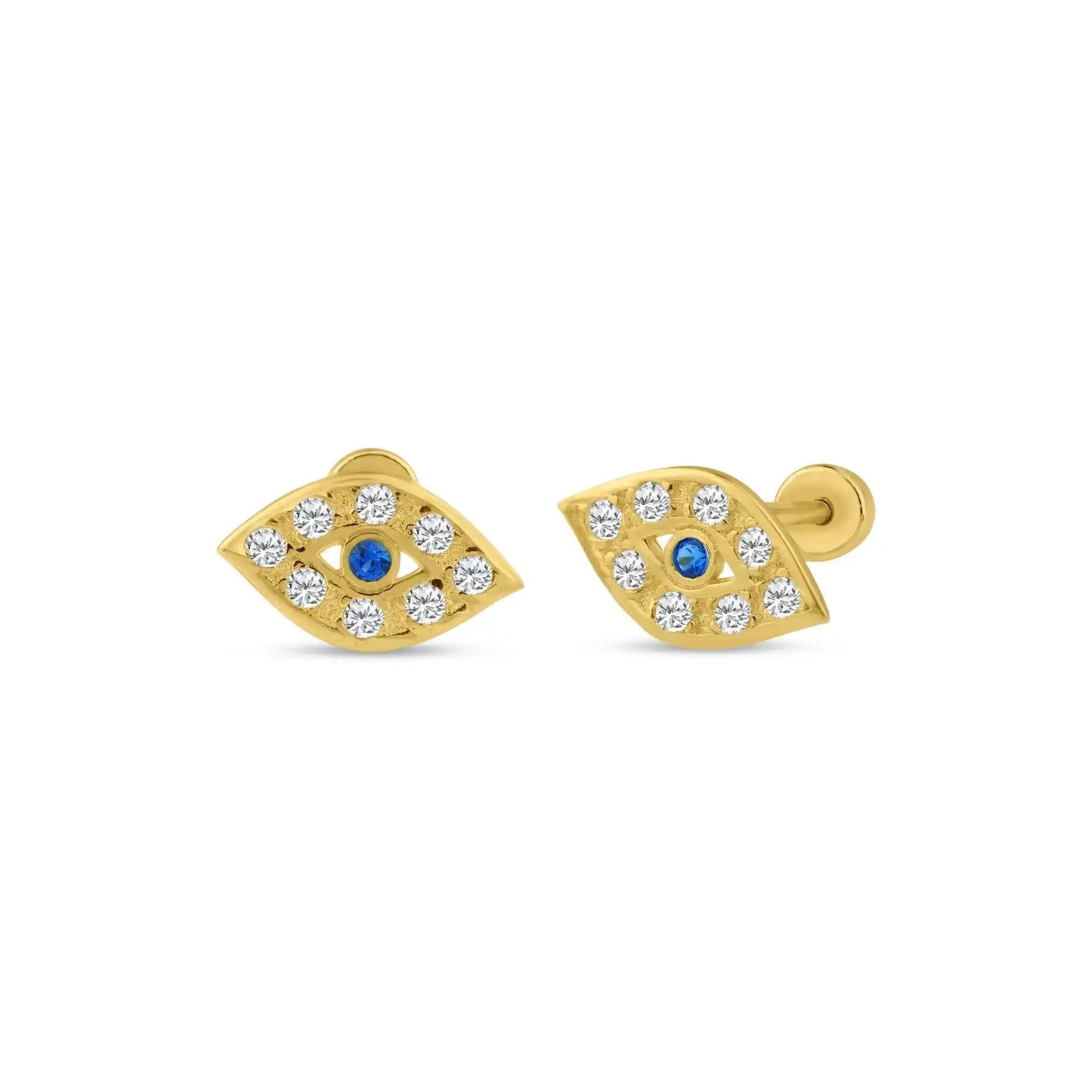 14 Karat Yellow Gold Blue and Clear CZ Evil Eye Screw Back Stud Earring