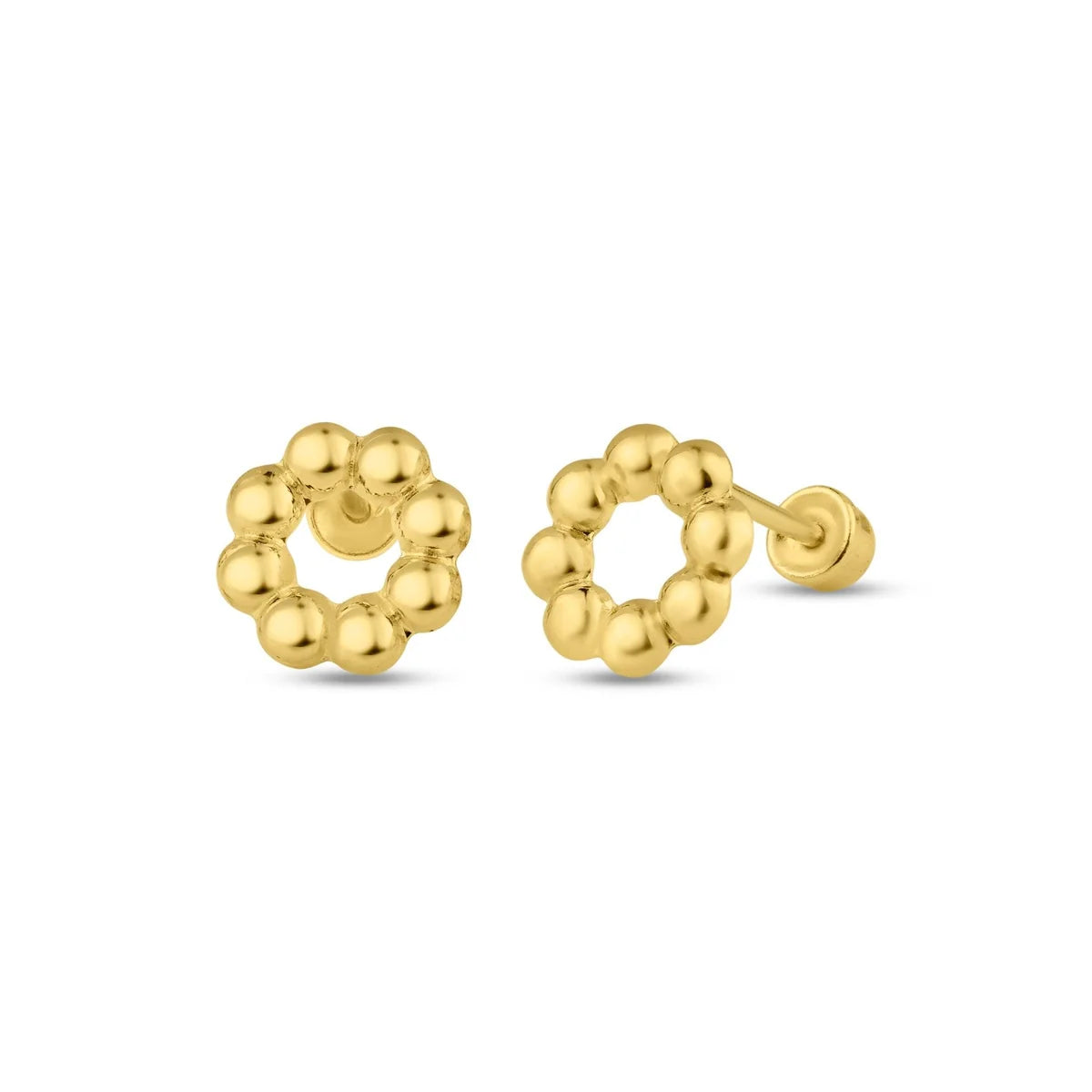 14 Karat Yellow Gold Beaded Open Circle Screw Back Stud Earring