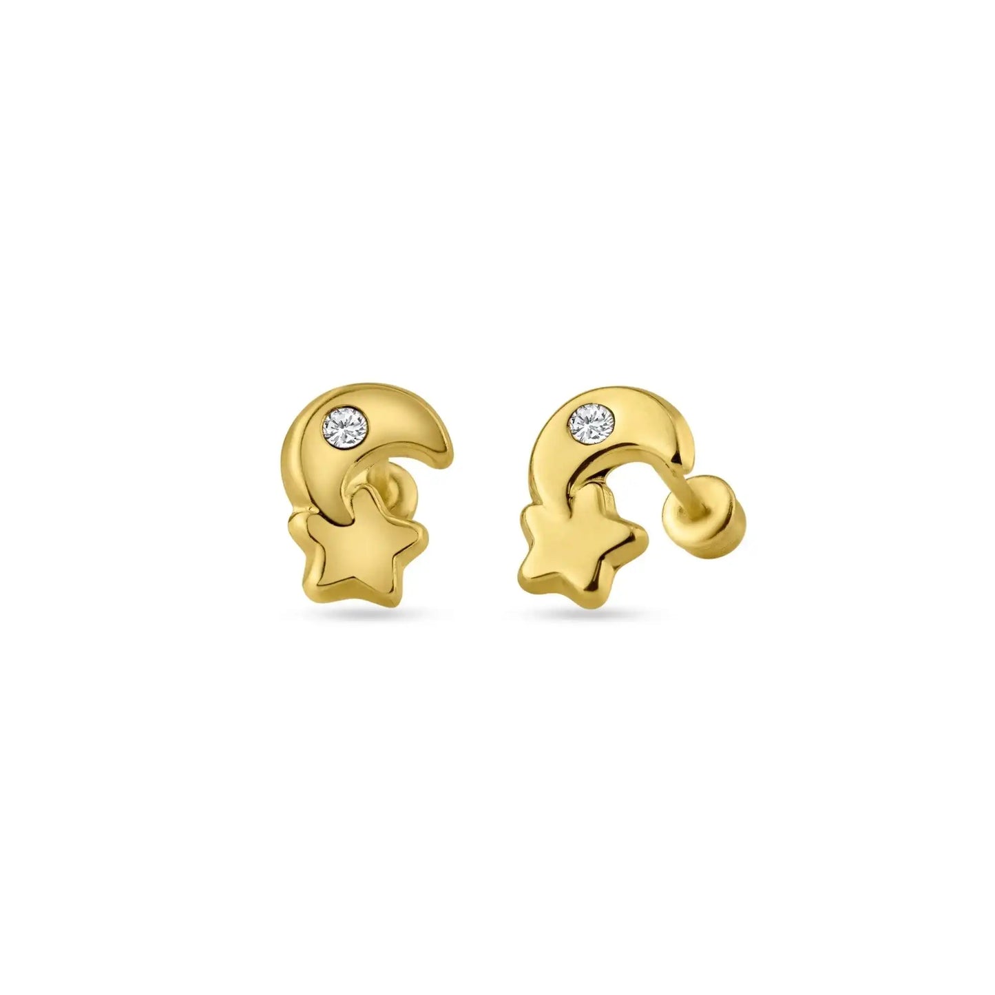 14 Karat Yellow Gold Moon Star CZ Screw Back Stud Earring