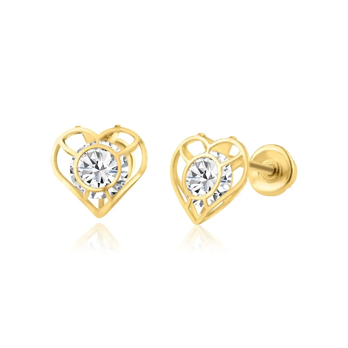 14 Karat Yellow Gold CZ Open Heart Screw Back Earring