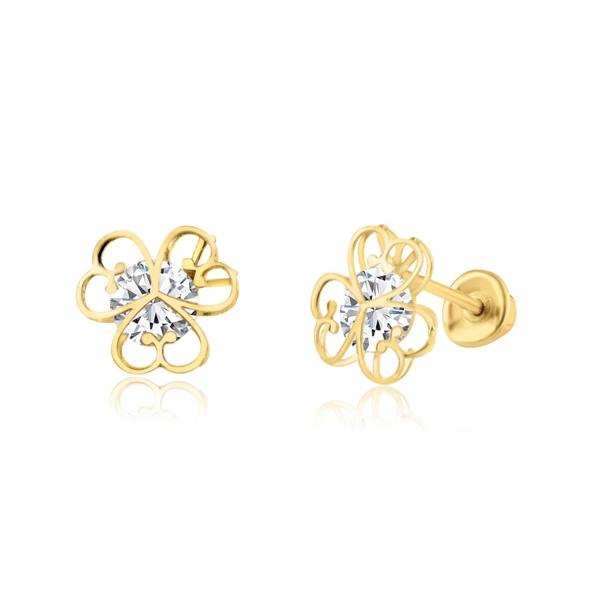 14 Karat Yellow Gold CZ Flower Screw Back Earring