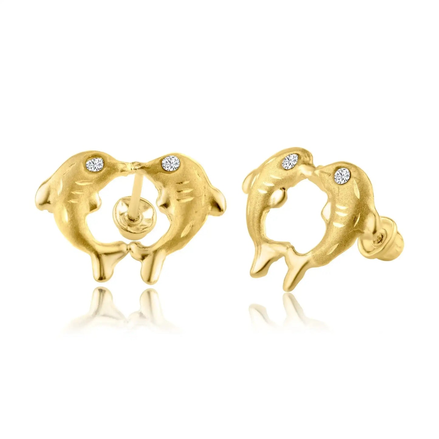 14 Karat Yellow Gold CZ Kissing Dolphin Screw Back Earring