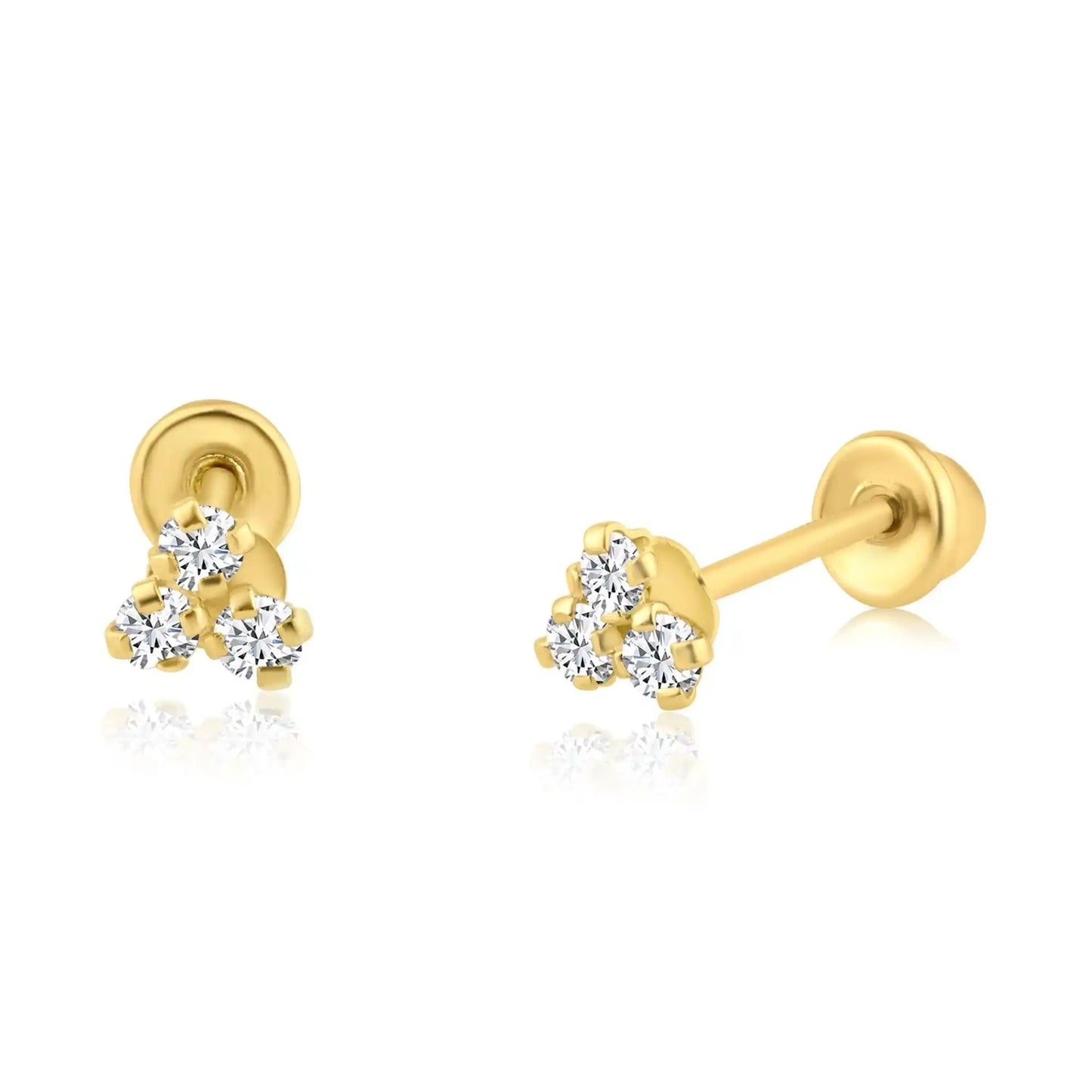 14 Karat Yellow Gold 3 CZ Stud Screw Back Earring