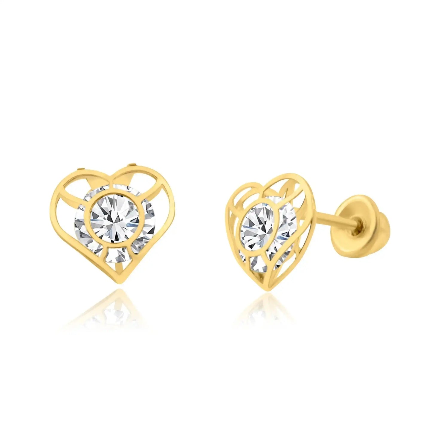 14 Karat Yellow Gold CZ Heart Screw Back Earring