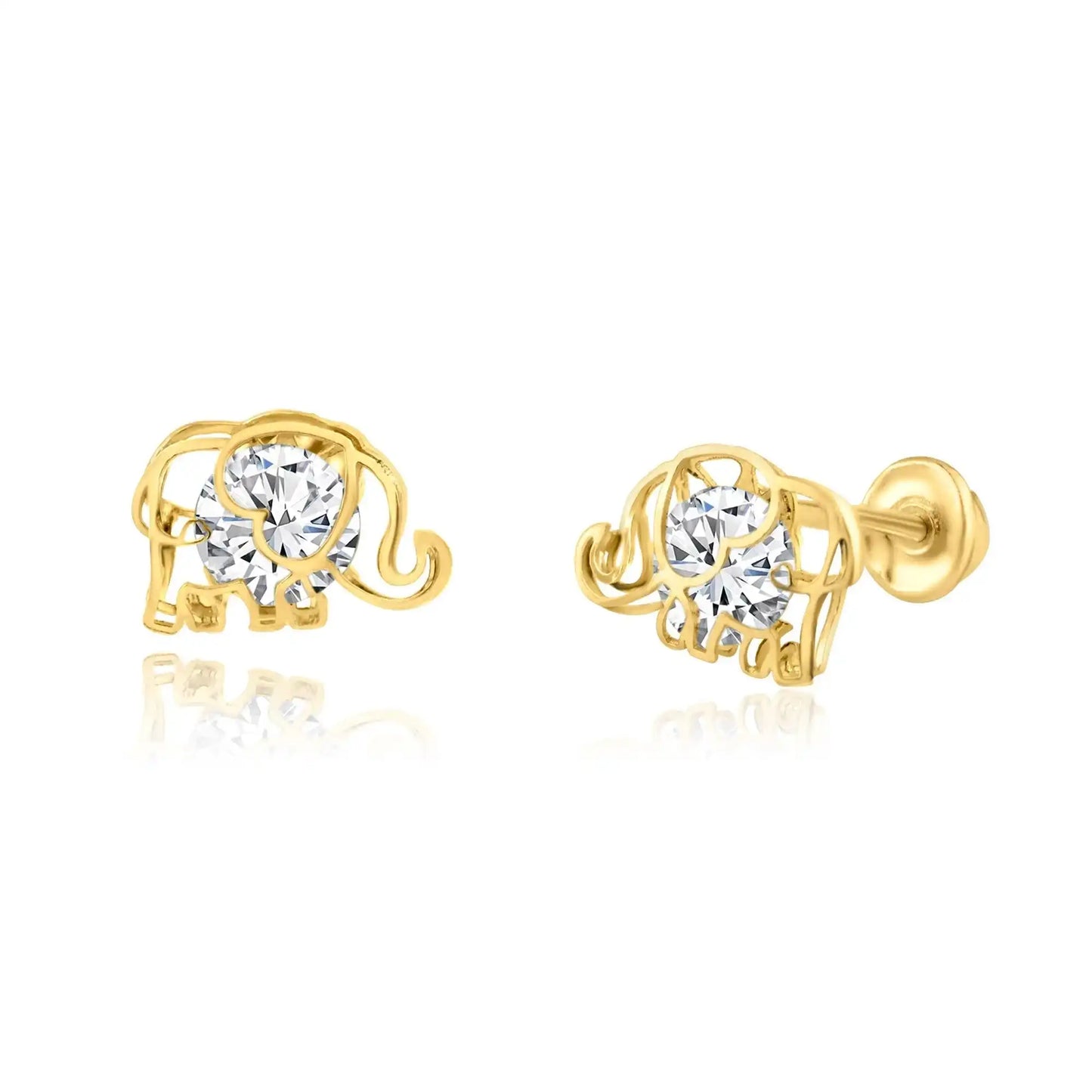 14 Karat Yellow Gold CZ Elephant Screw Back Earring