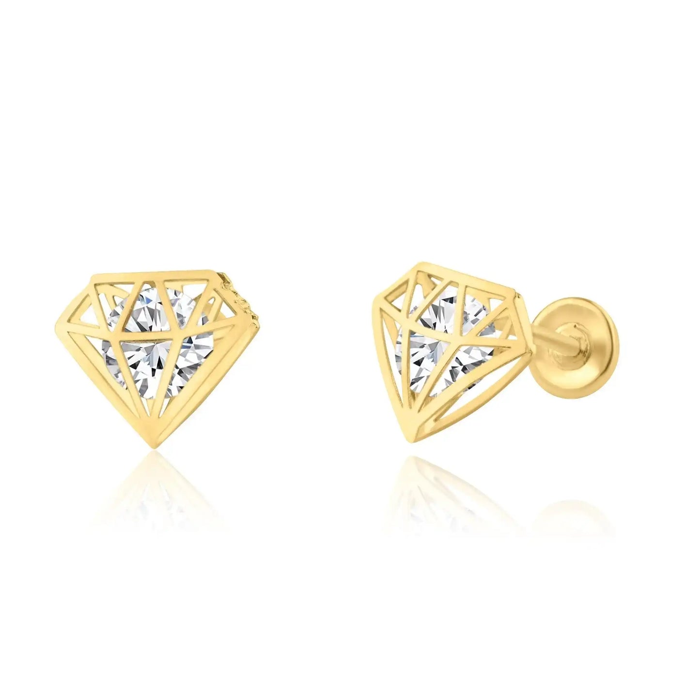 14 Karat Yellow Gold CZ Diamond Design Screw Back Earring