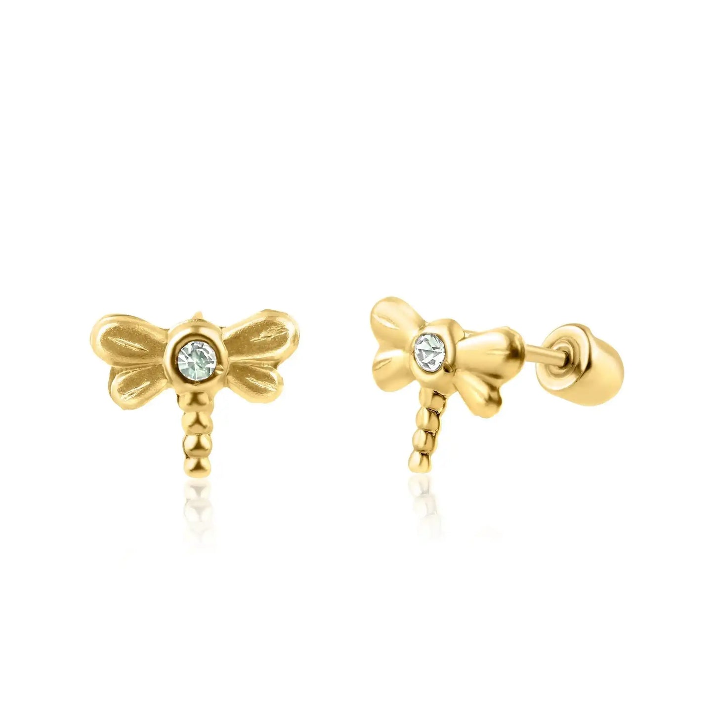 14 Karat Yellow Gold Dragonfly CZ Screw Back Earring
