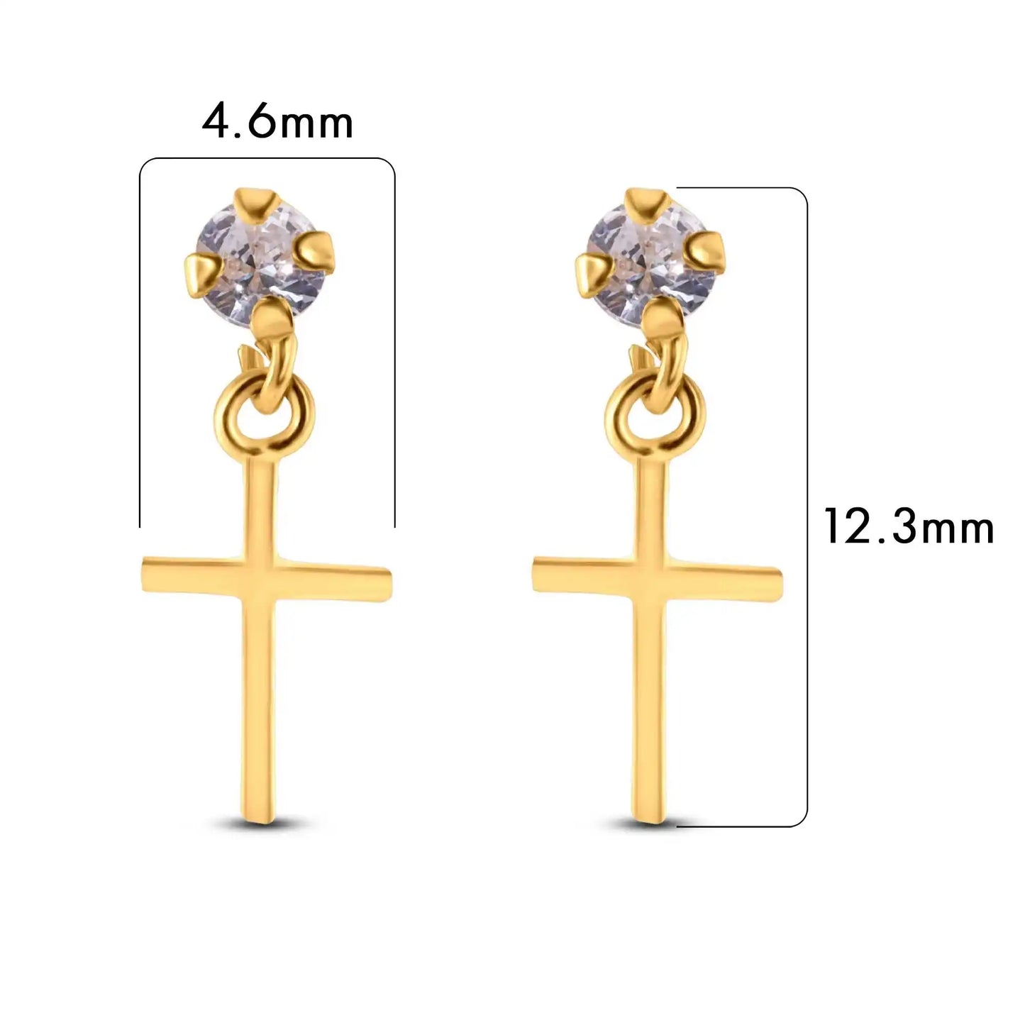 14 Karat Yellow Dangling Cross Clear CZ Screw Back Earrings