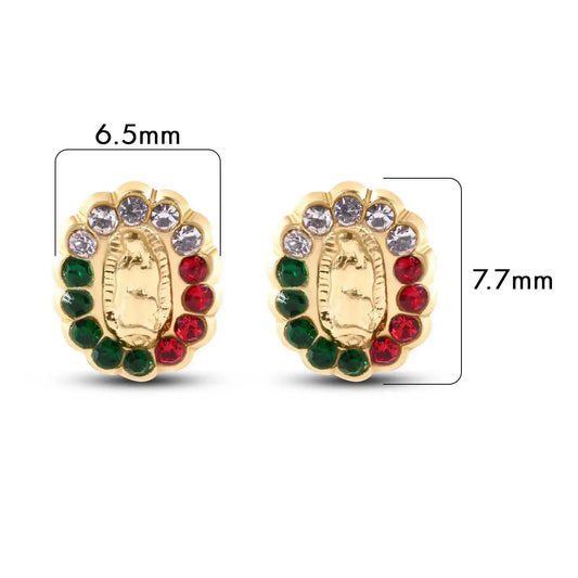 14 Karat Yellow Gold Guadalupe Red Green and Clear Screw Back Earrings