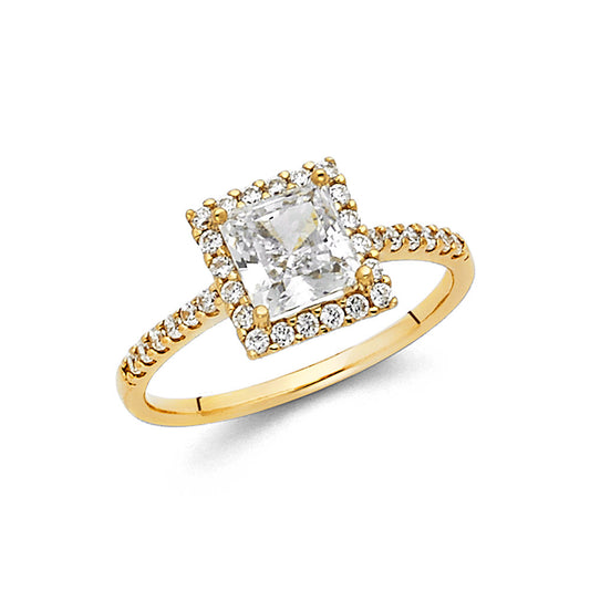 14K Yellow Gold Women's Princess Cut Halo Cubic Zirconia Engagement Ring