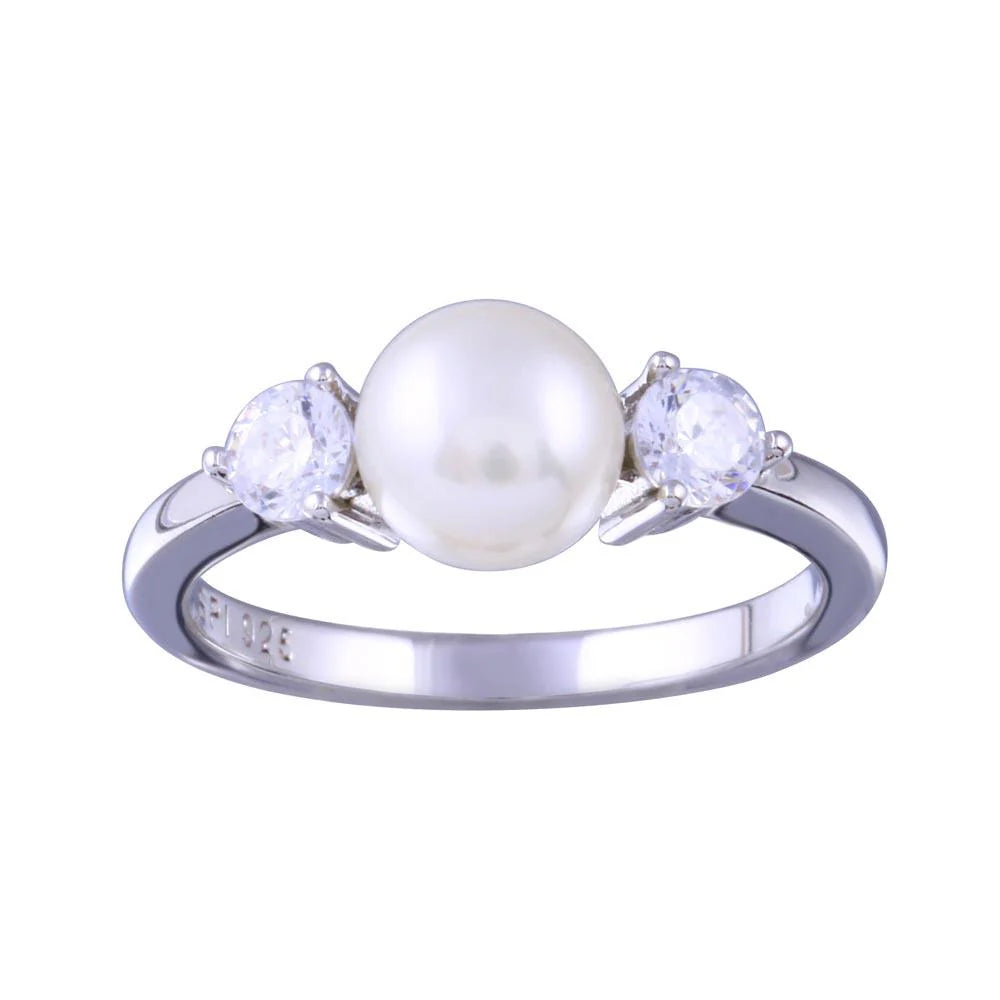 925 Sterling Silver Rhodium Plated Freshwater Pearl with Clear CZ Ring