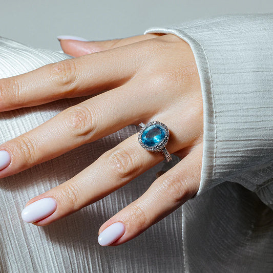 925 Sterling Silver Clearance Rhodium Plated Clear and Blue Center CZ Ring