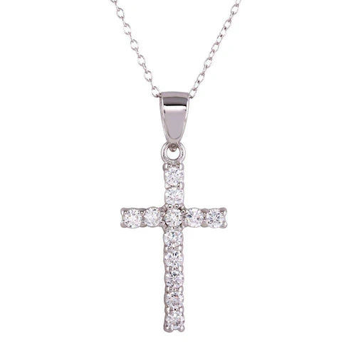 925 Sterling Silver Rhodium Plated CZ Cross Pendant Necklace