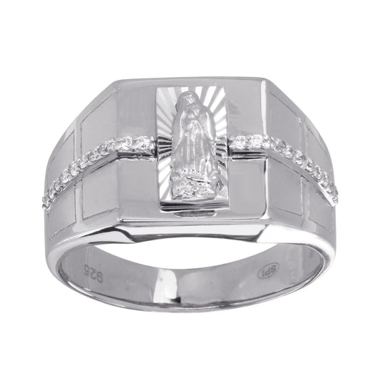 925 Sterling Silver Rhodium Plated Men's Lady of Guadalupe Ring with CZ