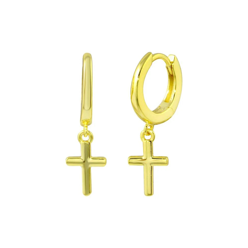 925 Sterling Silver Gold Plated huggie hoop Cross Earring