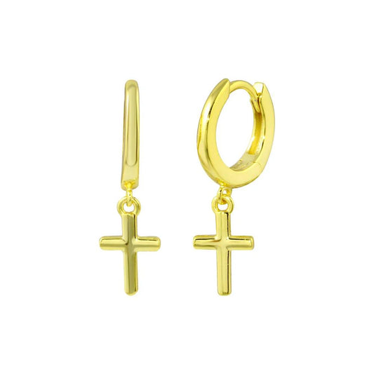 925 Sterling Silver Gold Plated huggie hoop Cross Earring