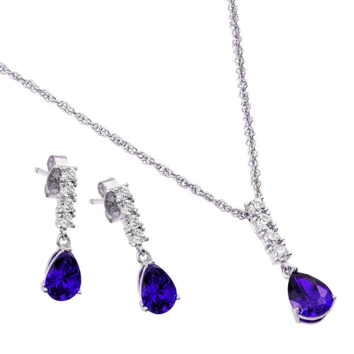 925 Sterling Silver Rhodium Plated Teardrop CZ Dangling Matching Set