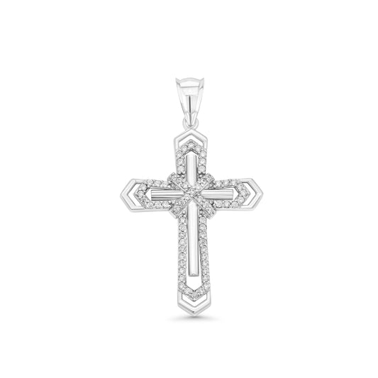 925 Sterling Silver Rhodium Plated  Layered Crucifix Cross Arrow Edge Clear CZ 21.5mm x 29mm Pendant