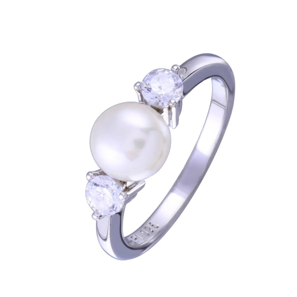 925 Sterling Silver Rhodium Plated Freshwater Pearl with Clear CZ Ring