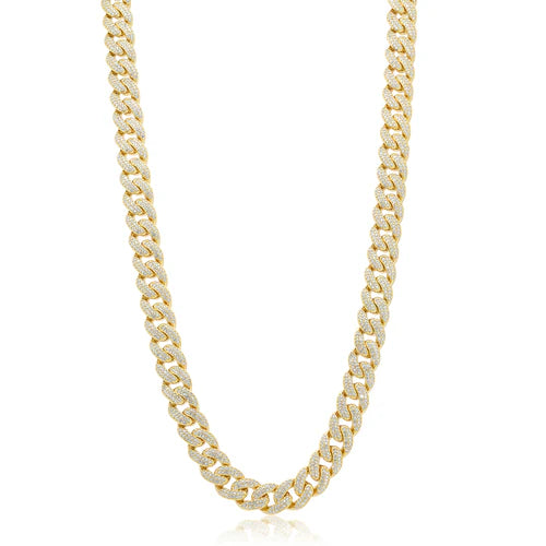925 Sterling Silver Gold Plated 9.5mm Miami Curb CZ Chain and Bracelet