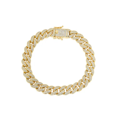 925 Sterling Silver Gold Plated 9.5mm Miami Curb CZ Chain and Bracelet