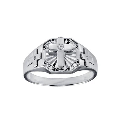 925 Sterling Silver Rhodium Plated Cross CZ Ring