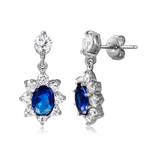 925 Sterling Silver Rhodium Plated 2 Toned Clear And Blue CZ Hanging Earrings