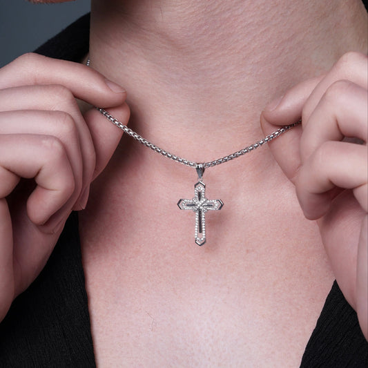 925 Sterling Silver Rhodium Plated  Layered Crucifix Cross Arrow Edge Clear CZ 21.5mm x 29mm Pendant