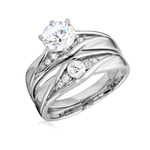 925 Sterling Silver Rhodium Plated Round CZ Center Stone Wedding Ring