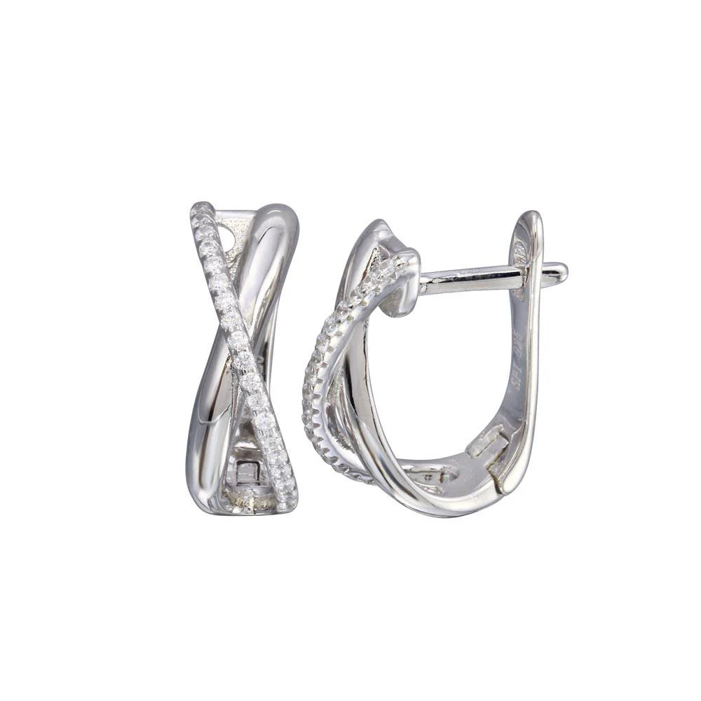 925 Sterling Silver Rhodium Plated Oval CZ X Design Hoop Earring
