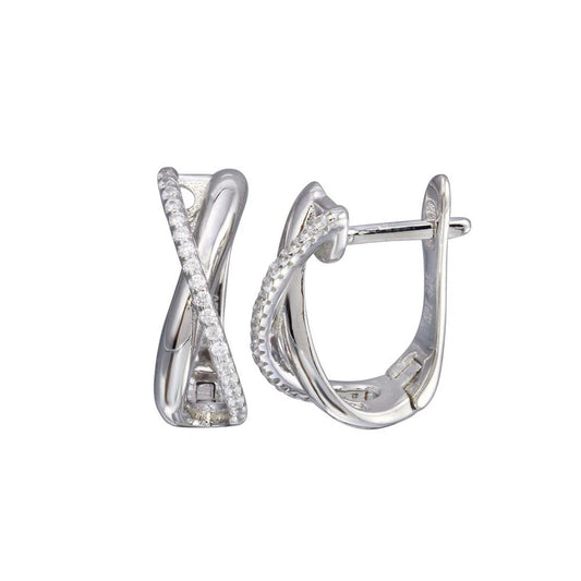 925 Sterling Silver Rhodium Plated Oval CZ X Design Hoop Earring