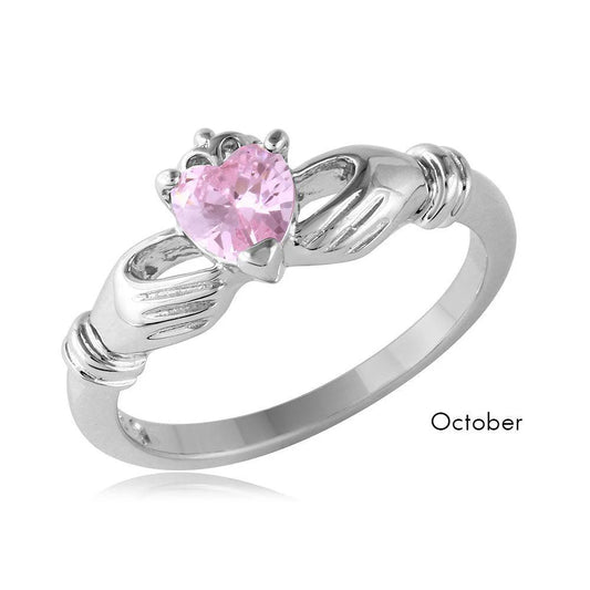925 Sterling Silver October Rhodium Plated CZ Center Birthstone Claddagh Ring
