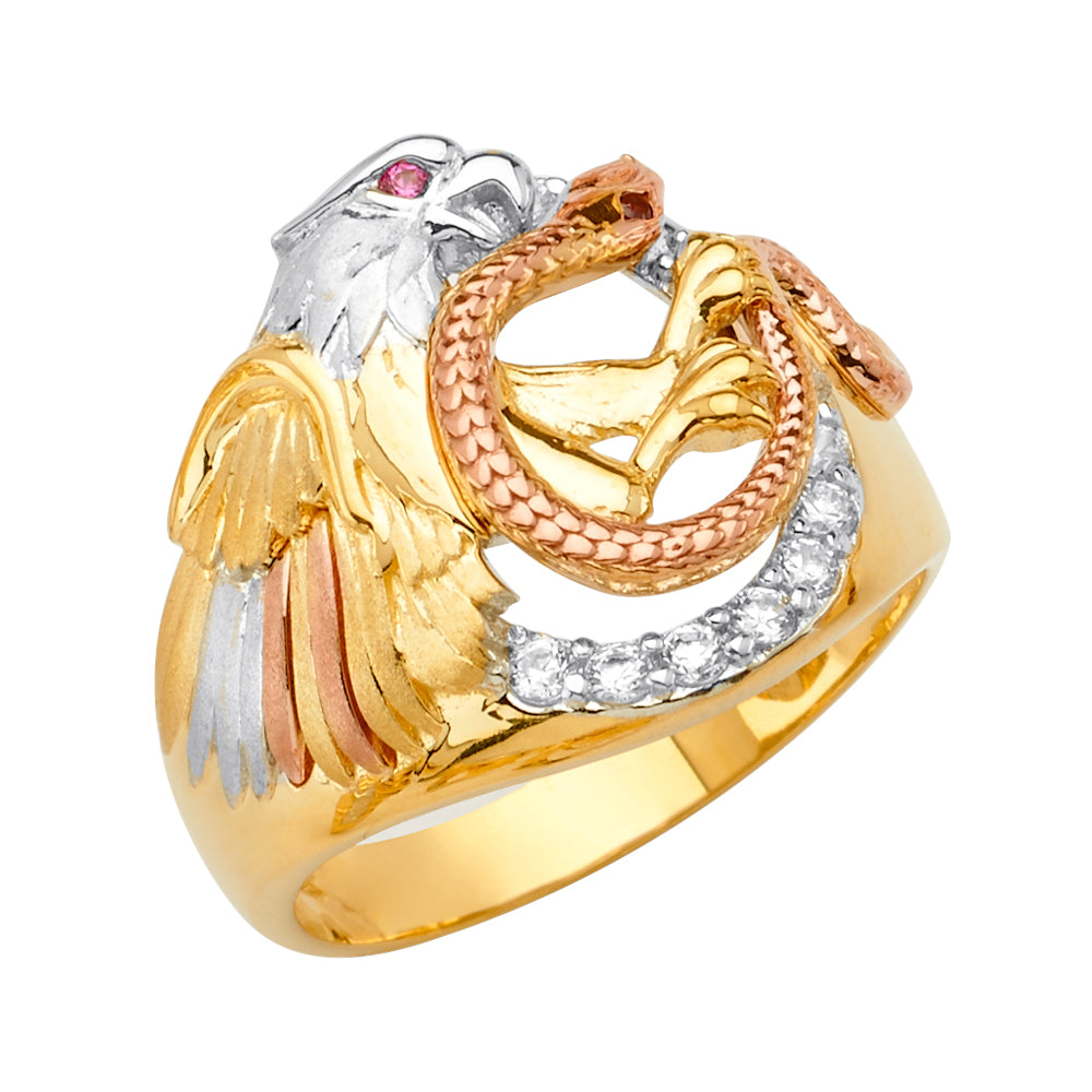 14K Men’s Tri-Color Eagle & Snake CZ Ring with Synthetic Ruby Eye