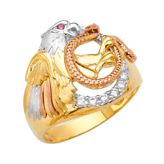14K Men’s Tri-Color Eagle & Snake CZ Ring with Synthetic Ruby Eye