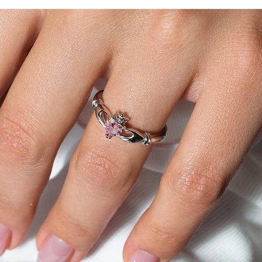 925 Sterling Silver October Rhodium Plated CZ Center Birthstone Claddagh Ring