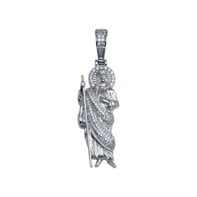925 Sterling Silver Rhodium Plated CZ St Jude Hip Hop Pendant
