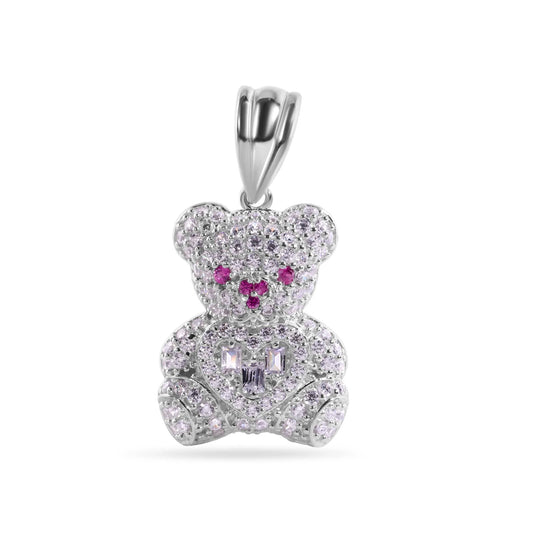 925 Sterling Silver Rhodium Plated Teddy Bear Clear Baguette Heart Red and Clear CZ Pendant