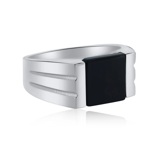 925 Sterling Silver Men's Sterling  Rhodium Square Black Onyx Ring