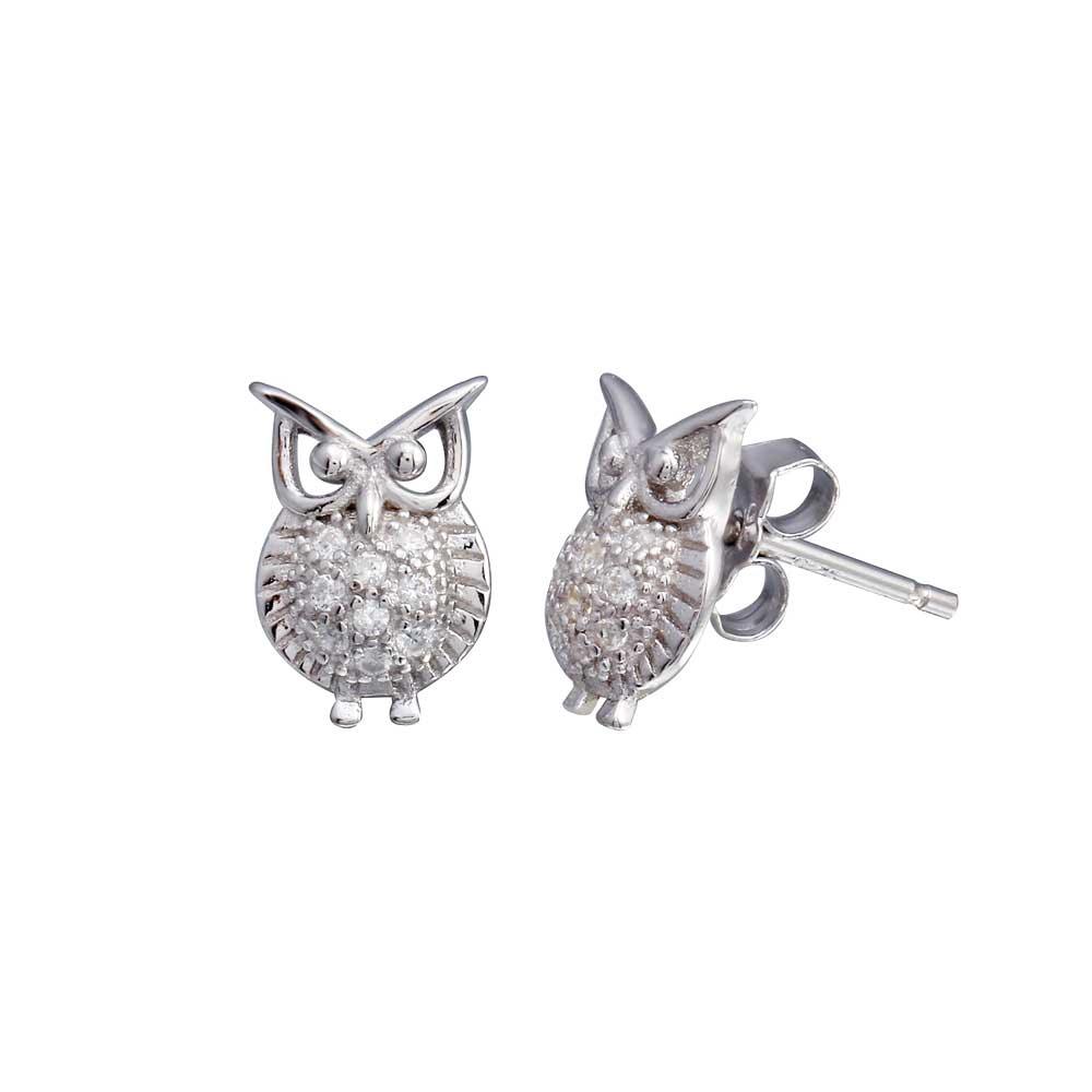 925 Sterling SilverRhodium Plated Owl CZ Stud Earring