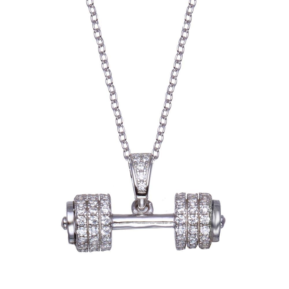 925 Sterling Silver Rhodium Plated Small Dumbbell CZ Necklace