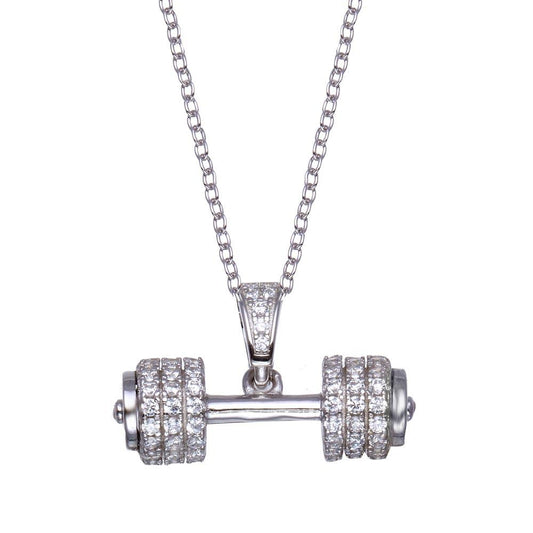 925 Sterling Silver Rhodium Plated Small Dumbbell CZ Necklace