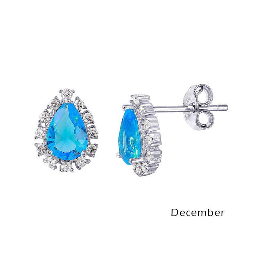 925 Sterling Silver Rhodium Plated Teardrop Halo CZ Birthstone Earrings