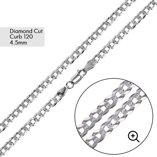 Silver Curb 120 1 Side Diamond Cut 1 Side Plain Chain 4.5mm