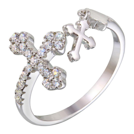 925 Sterling Silver Rhodium Plated Open End Cross Ring with CZ