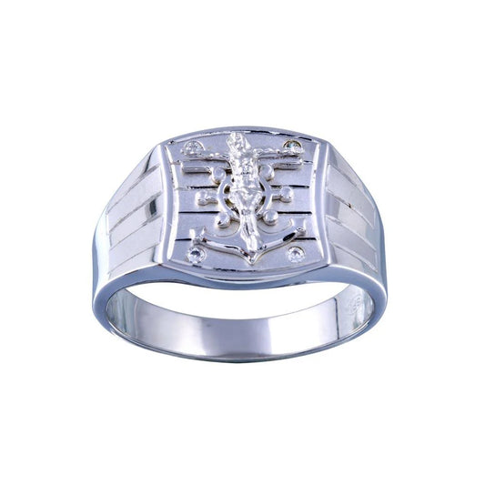 925 Sterling Silver Rhodium Plated Crucifix Anchor CZ Hip Hop Ring