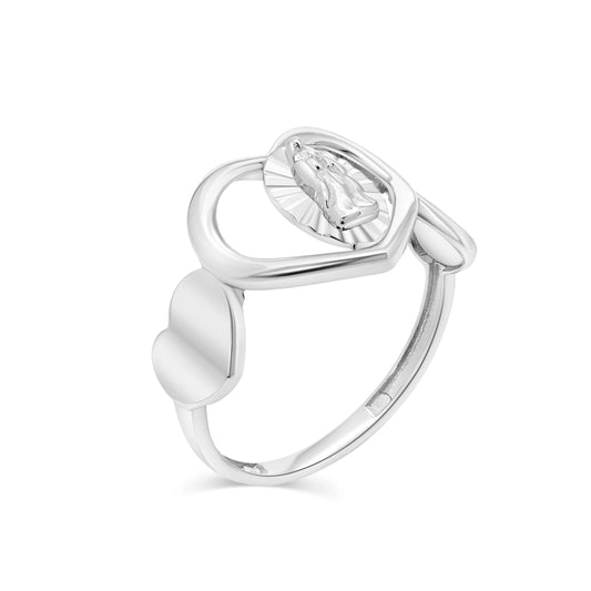 925 Sterling Silver Rhodium Plated Three Hearts Our Lady of Guadalupe 12.7mm x 11.7mm Ring
