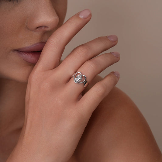 925 Sterling Silver Rhodium Plated Three Hearts Our Lady of Guadalupe 12.7mm x 11.7mm Ring