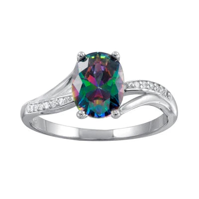 925 Sterling Silver Rhodium Plated Oval Mystic Topaz CZ Ring